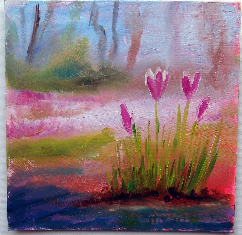 First spring flowers - crocuses - early spring - handmade oil painting - ตกแต่งผนัง - กระดาษ สึชมพู