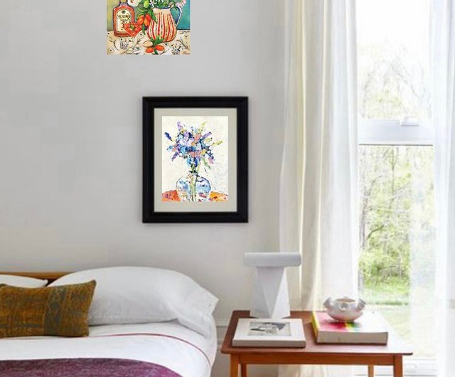 キャンバス油絵　専用　青い背景のコップに入れた野のお花　抽象静物画 キャンバス油絵 専用 青い背景のコップに入れた野のお花 抽象静物画