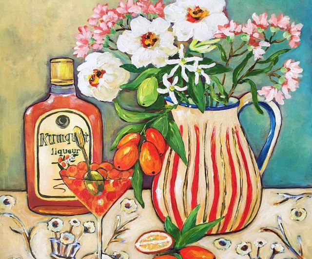 花の絵静物画キャンバスに油絵酒の花の絵装飾 - ショップ Gala