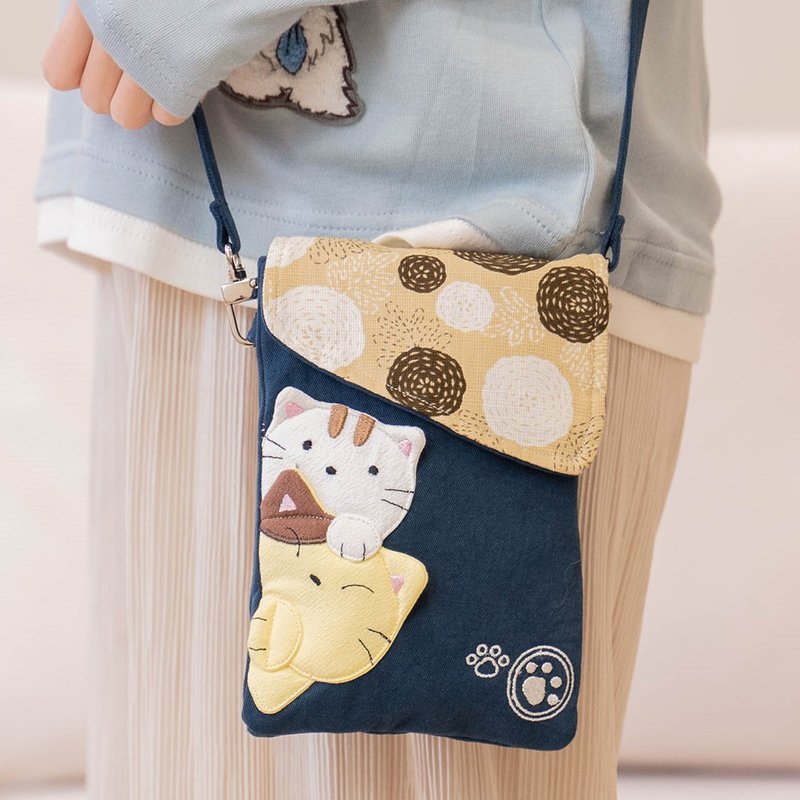 Cat Friend double layer patchwork crossbody/mobile phone/miscellaneous bag [820212] - Messenger Bags & Sling Bags - Cotton & Hemp Blue