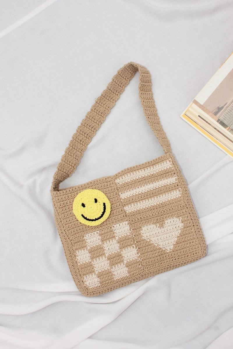 Lovely Smiley Square Bombs (Khaki&Cream) ,Shoulder Bag ,Crochet ,Bag ,Handmade - Messenger Bags & Sling Bags - Other Materials Khaki