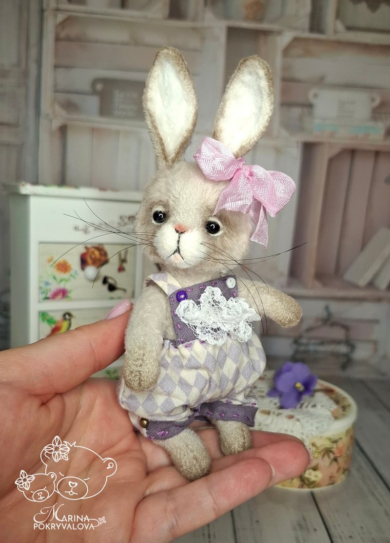 Handmade bunny teddy Miniature rabbit toy Cute artist teddy bunny - Stuffed Dolls & Figurines - Other Materials Gray