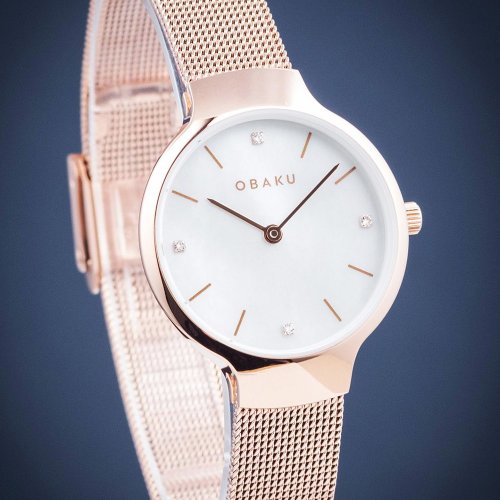 OBAKU 丹麥輕奢極簡設計腕錶 OBAKU 閃耀貝殼晶鑽時尚腕錶-玫瑰金/29mm(V241LXVWMV)