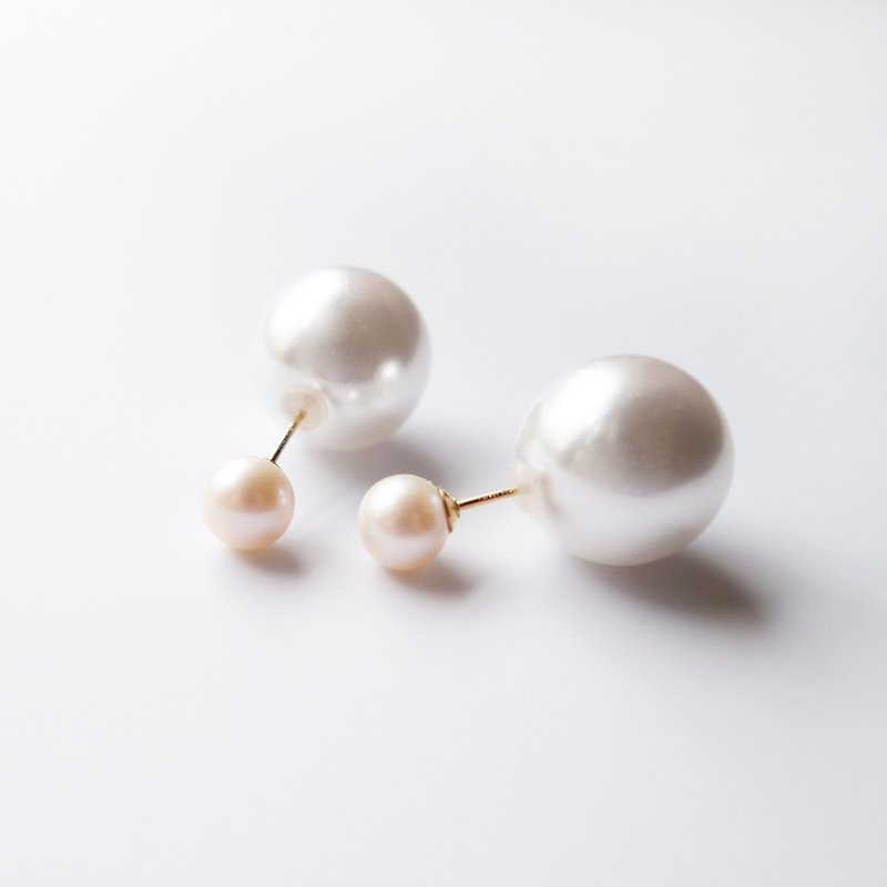 [14KGF] Freshwater pearl L catch earrings - ต่างหู - ไข่มุก ขาว