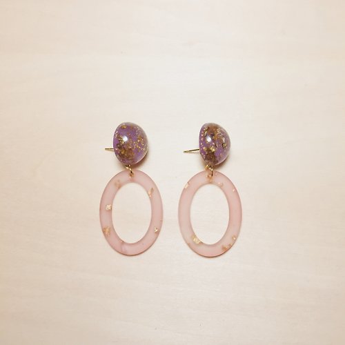 鳥嶼 Niaoyoo 復古紫色金箔丸子粉紅鏤空橢圓耳環