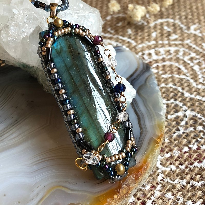 India imported natural labradorite beaded pendant around bead necklace - สร้อยคอ - คริสตัล สีน้ำเงิน