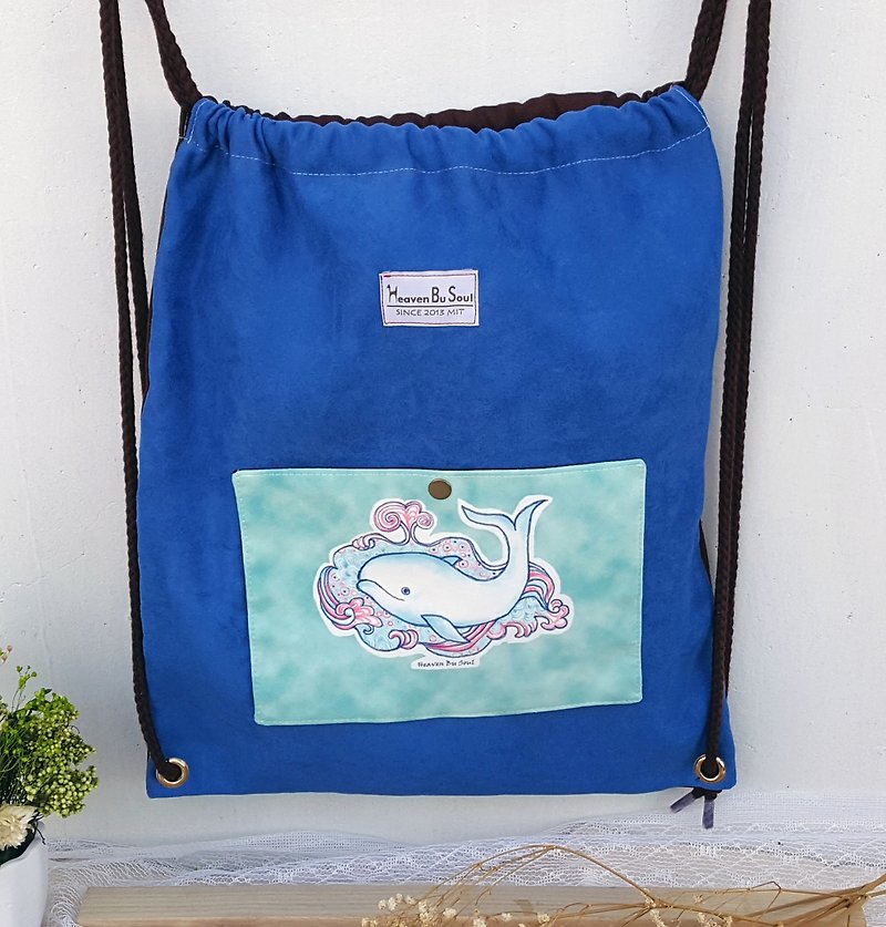 <秘境之生>湧出希望泉的鯨 束口後背包 收納袋 - 水桶袋/索繩袋 - 聚酯纖維 藍色