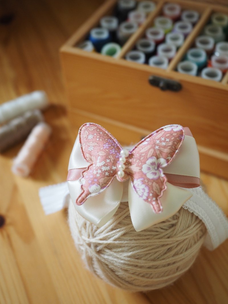 嬰兒女孩粉紅蝴蝶兩用髮夾髮帶 - 圍兜/口水巾 - 棉．麻 粉紅色