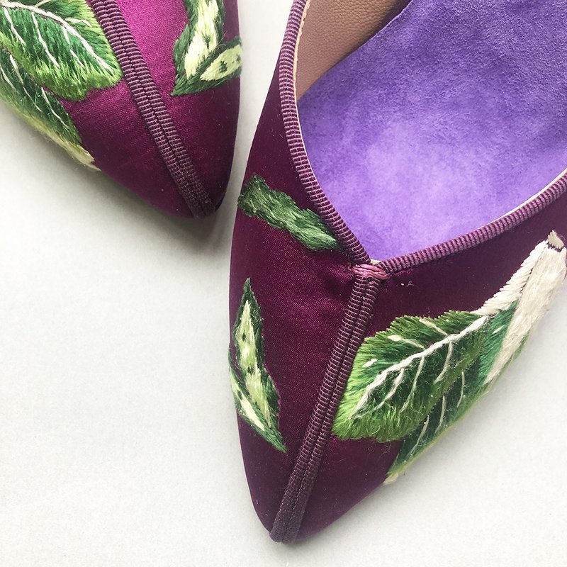 菜園雅低跟鞋無包跟/ 繡花鞋 細跟 優雅鞋身 刺繡 青菜 絲綢 手工 - 其他女皮鞋 - 絲．絹 紫色