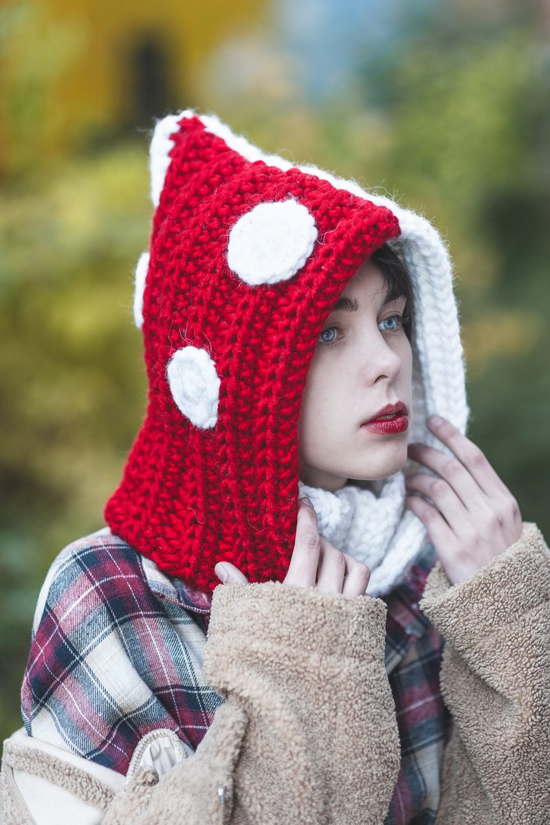 Toadstool pointed hat, Red amanita mushroom hat, Crochet mushroom hooded cowl - หมวก - ขนแกะ สีแดง