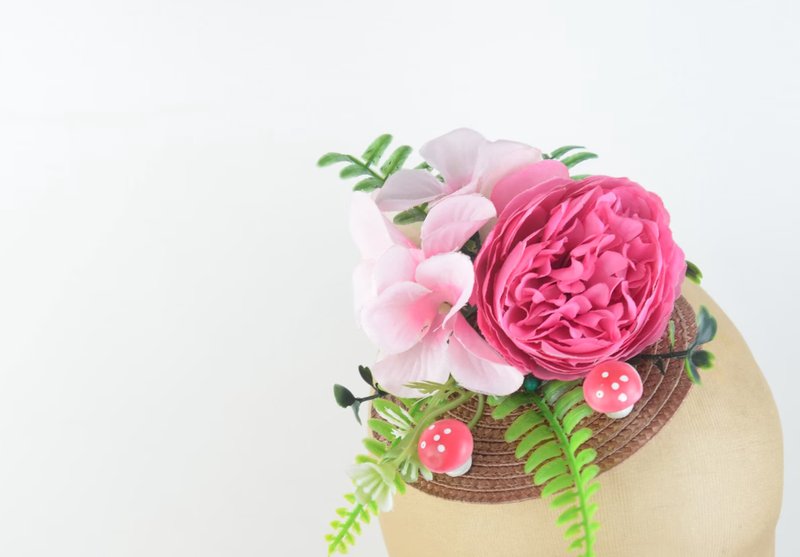 Headpiece with Bright Pink Silk Flowers and Cute Mushrooms Floral Crown Wedding - เครื่องประดับผม - วัสดุอื่นๆ สึชมพู