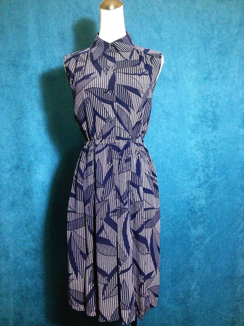 Ping-pong vintage [vintage dress / striped leaves vintage dress] abroad back VINTAGE - One Piece Dresses - Polyester Blue