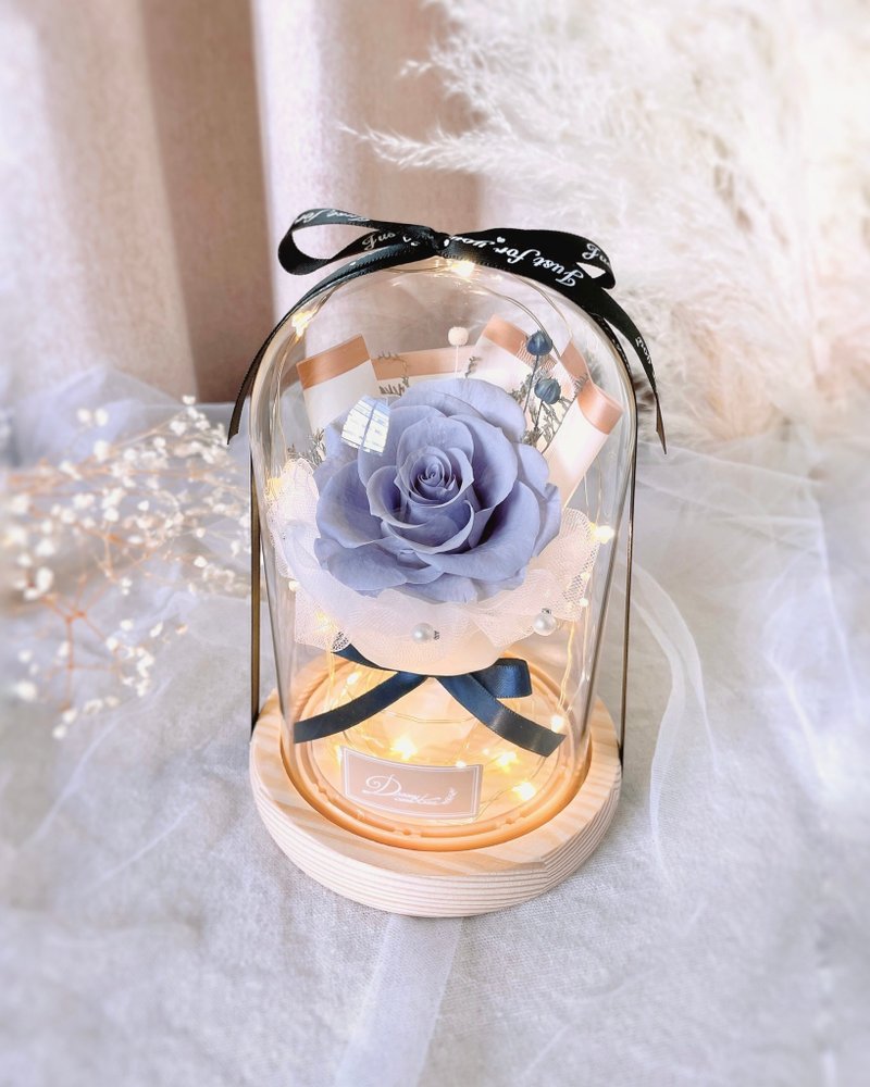 永生花玻璃盅-粉霧藍 l 日本玫瑰 永生花玻璃罩 乾燥花 情人節 - 乾燥花/永生花 - 植物．花 藍色