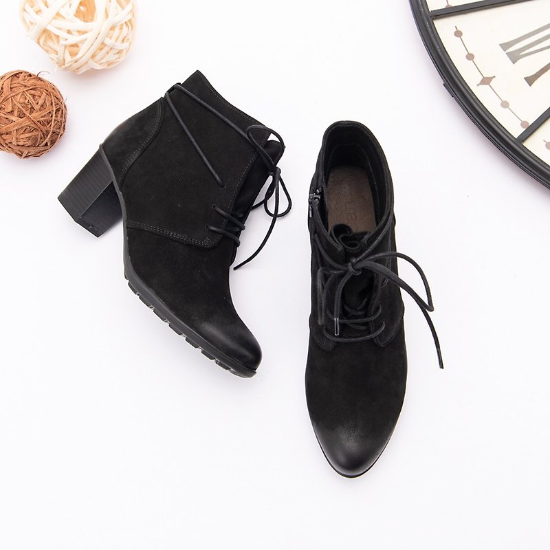 [Ge Bengen] Scorched top layer cowhide around the ankle side zipper heel boots_Black Middle Ages - รองเท้าบูทสั้นผู้หญิง - หนังแท้ สีดำ