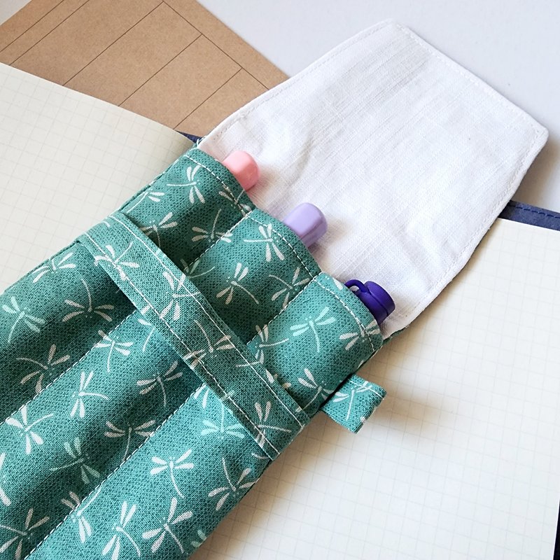 Triple pen pencase-Japanese mint dragonfly pen case, Fabric Fountain Pen Holder - Pencil Cases - Cotton & Hemp Green