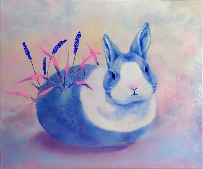 Rabbit with Maidenhair Oil on Canvas Painting Artwork - โปสเตอร์ - ผ้าฝ้าย/ผ้าลินิน หลากหลายสี