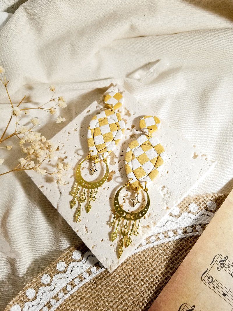 Yellow Checkered Zodiac Star Polymer Clay Dangle Earrings/Clip On Earrings - ต่างหู - ดินเผา สีเหลือง