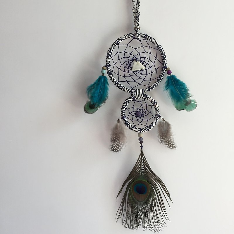 Handmade Dreamcatcher  |  11+7.5cm diameter double hoop  |  handmade ceramic centrepiece - Items for Display - Cotton & Hemp Blue