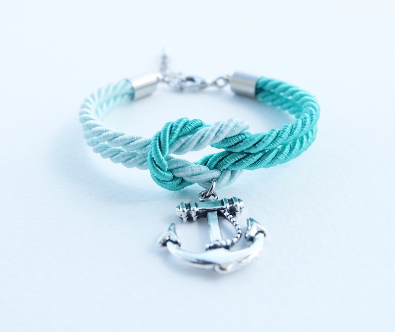 Mint/Light mint knot rope bracelet with anchor charm - 手鍊/手鐲 - 其他材質 綠色