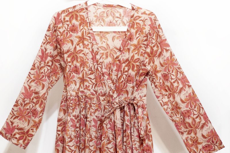 女裝木刻印純棉洋裝 印度棉長袖連衣裙 手工蓋印有機棉連身裙-花 - 洋裝/連身裙 - 棉．麻 綠色