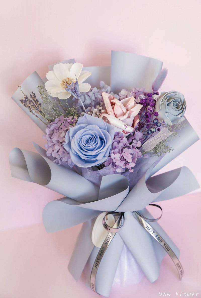 藍紫色永生花束/花束已包含300元現金/鈔票花束/有錢花/錢錢花束 - 乾燥花/永生花 - 植物．花 藍色