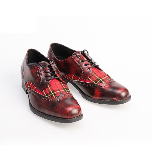 PUHU 彪琥 - 有型又好行的第一首選 MIT 【牛皮格紋拼接輕量紳仕皮鞋-紅】紳士鞋 德比鞋 英倫風皮鞋