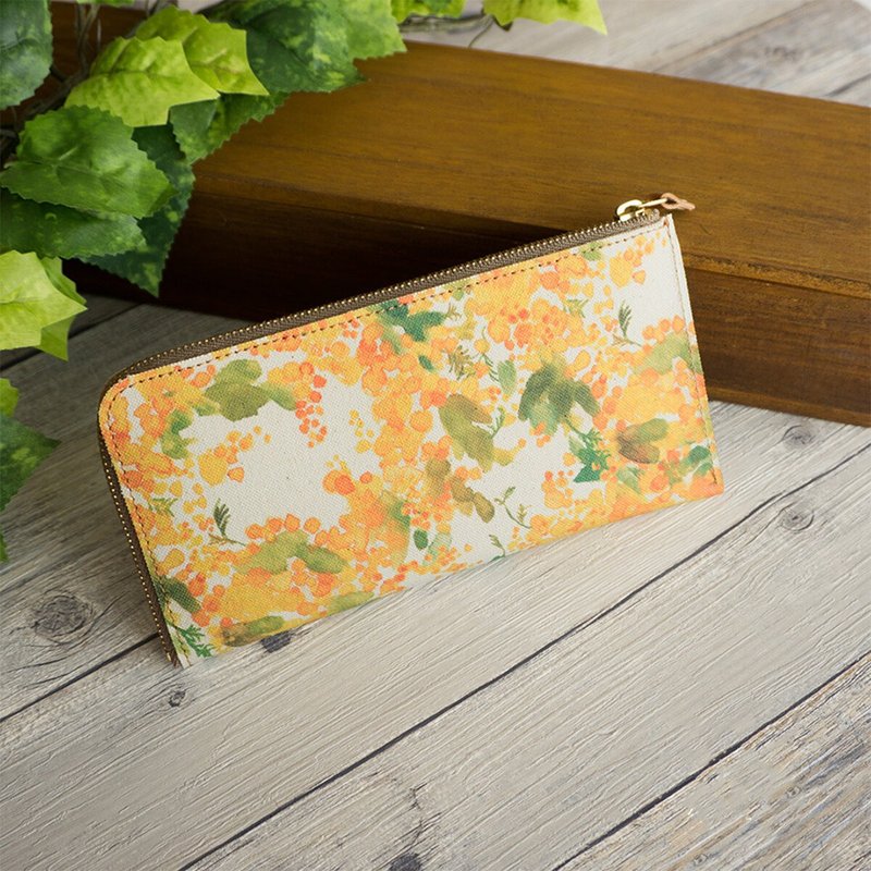 กระเป๋าสตางค์ยาว หนังแท้ ลายดอกมิโมซ่าสีน้ำ HB03K - กระเป๋าสตางค์ - วัสดุอื่นๆ สีเหลือง