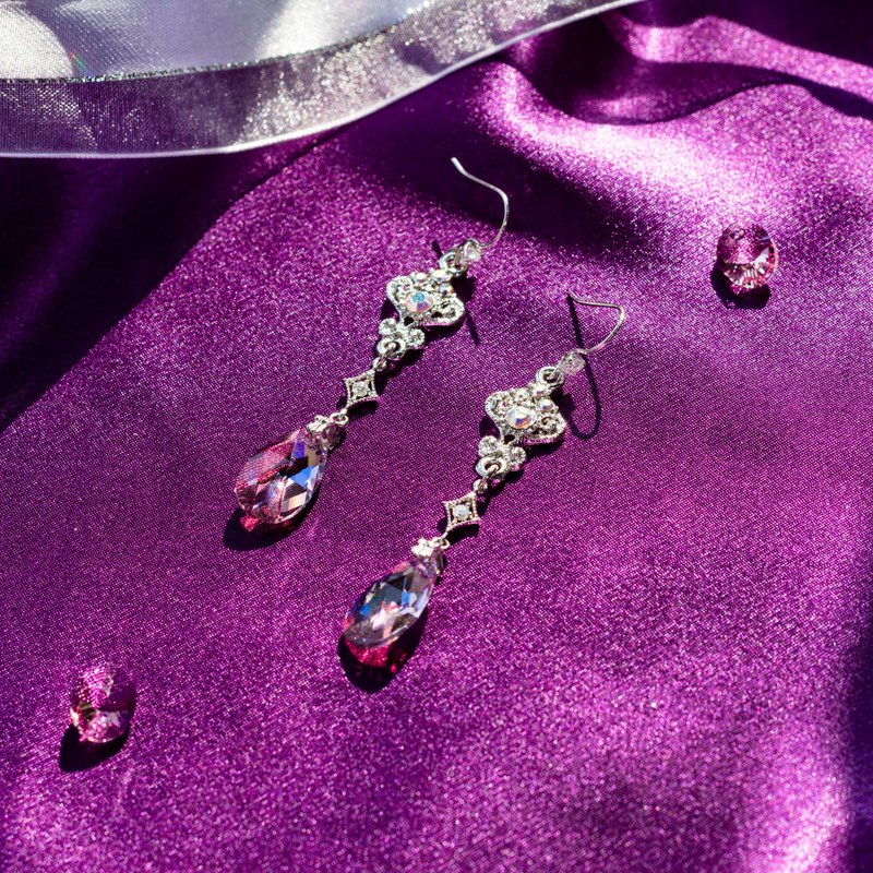 【Rainbow Goddess‧Elise】Pink Purple Water Drop Crystal Crown Earrings Sterling Silver Anti-allergic Lover's Gift - ต่างหู - คริสตัล สึชมพู