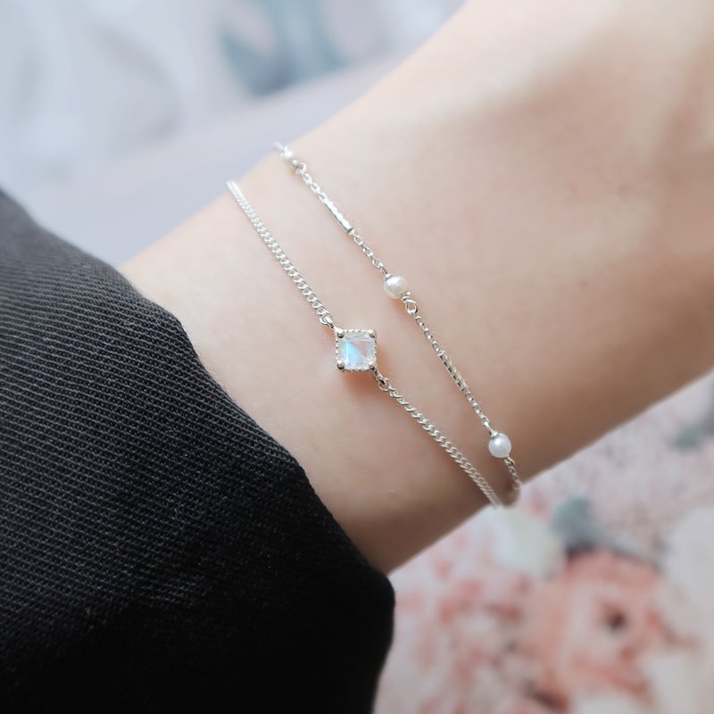 Valentine's Day 925 Sterling Silver Moonstone Pearl Customized Engraving Double Chain Bracelet 2 Colors Free Packaging - สร้อยข้อมือ - เงินแท้ ขาว