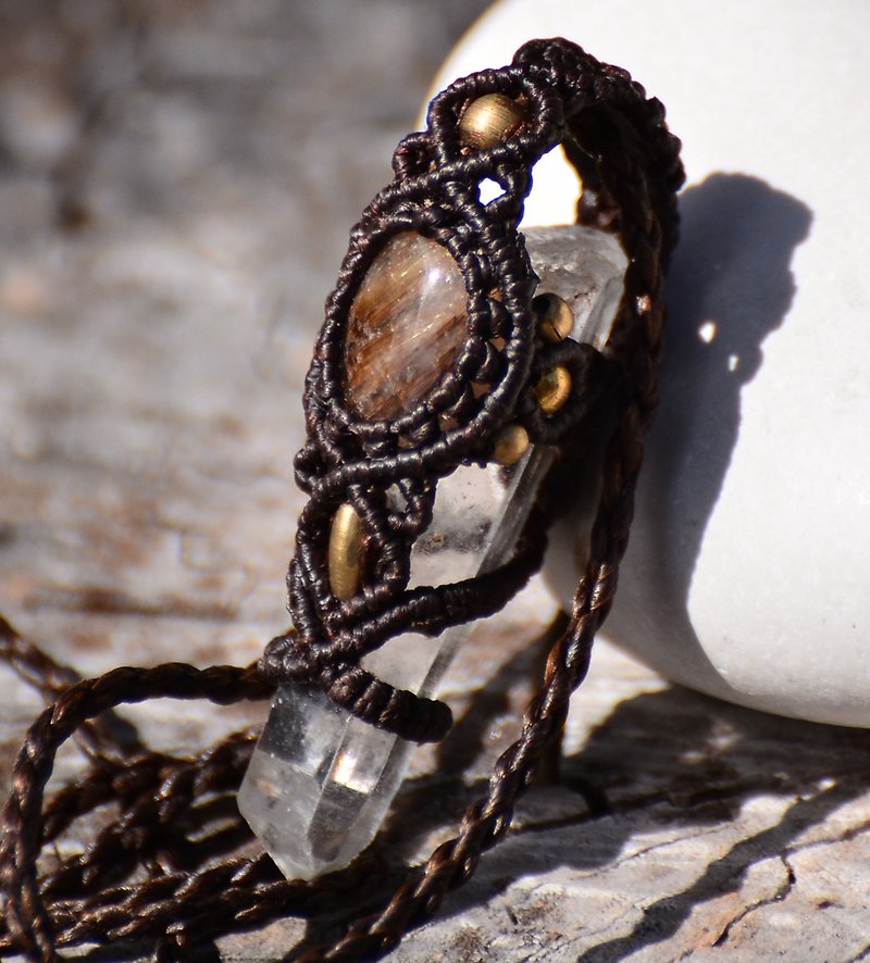Raw Crystal Macrame Pendant - Necklaces - Gemstone Brown
