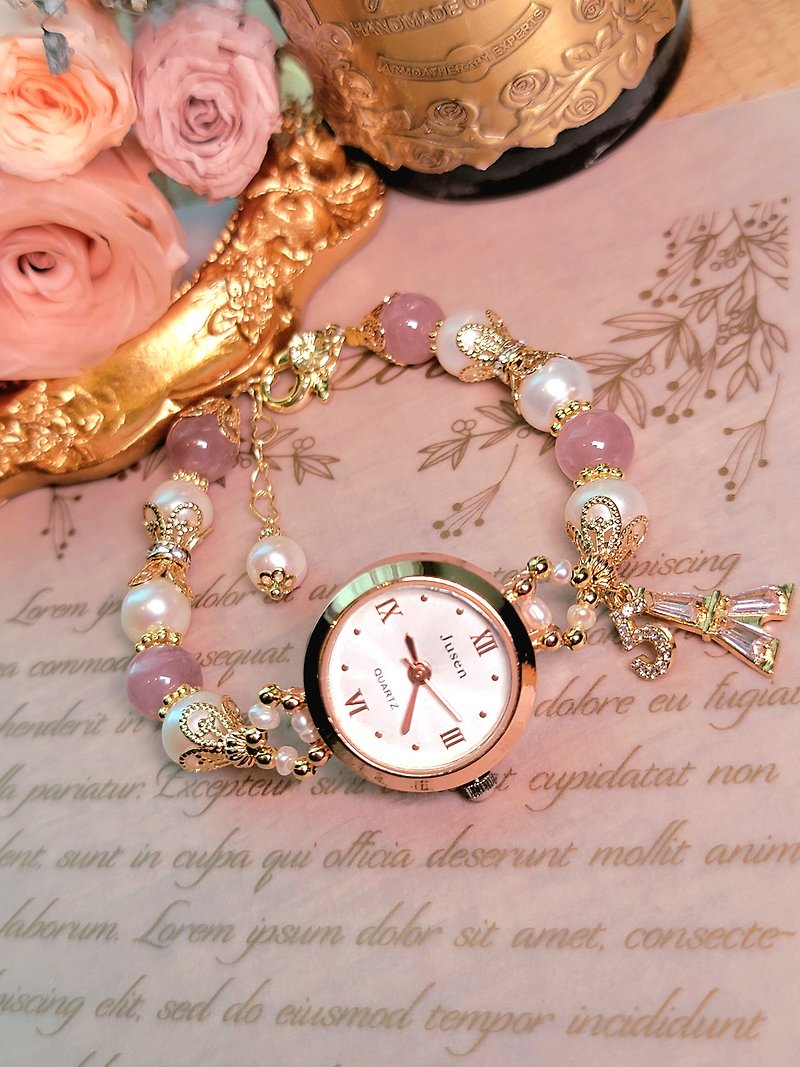 。王妃的珠寶盒。14k金包銅粉色浪漫優雅高貴巴黎小香風水晶手錶 - 女裝錶 - 珍珠 粉紅色