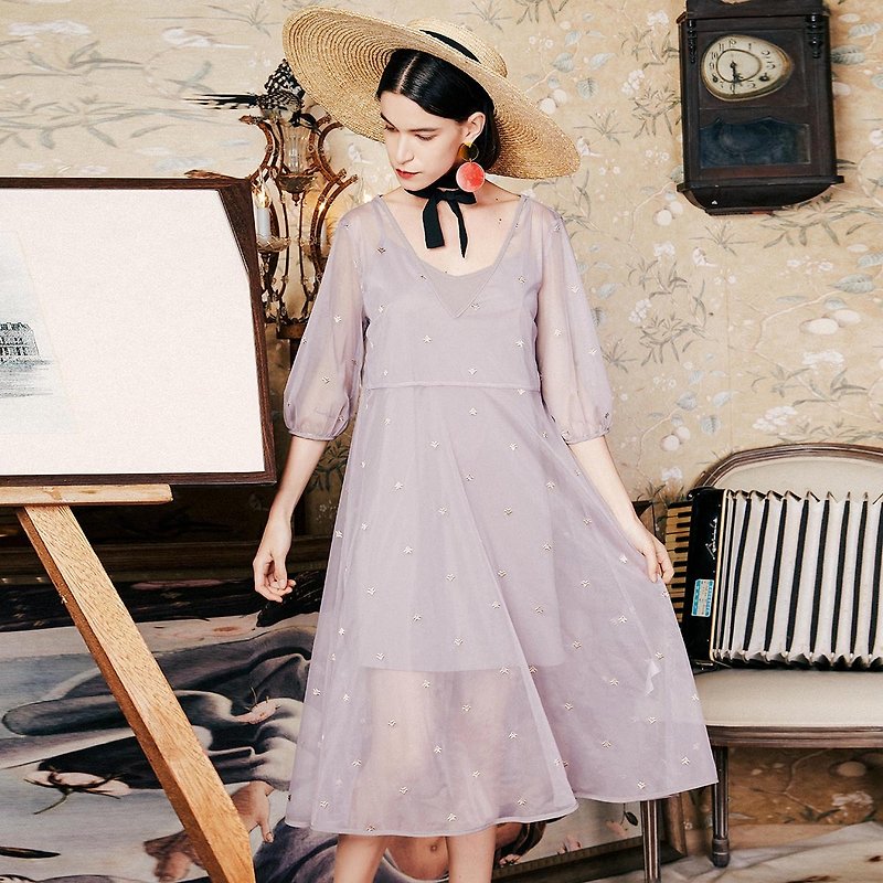 安妮陳2018夏裝新款文藝女裝兩件套網紗連身裙洋裝 - 洋裝/連身裙 - 其他材質 紫色