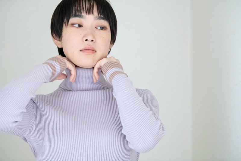 【ラベンダー染め】Organic Cotton無縫製　Cuff borderリブタートルセーター - 女上衣/長袖上衣 - 棉．麻 紫色