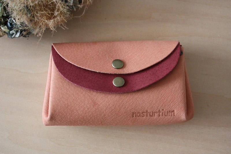 ピッグスキンの小さなお財布　アプリコット×ワイン - 銀包 - 真皮 粉紅色