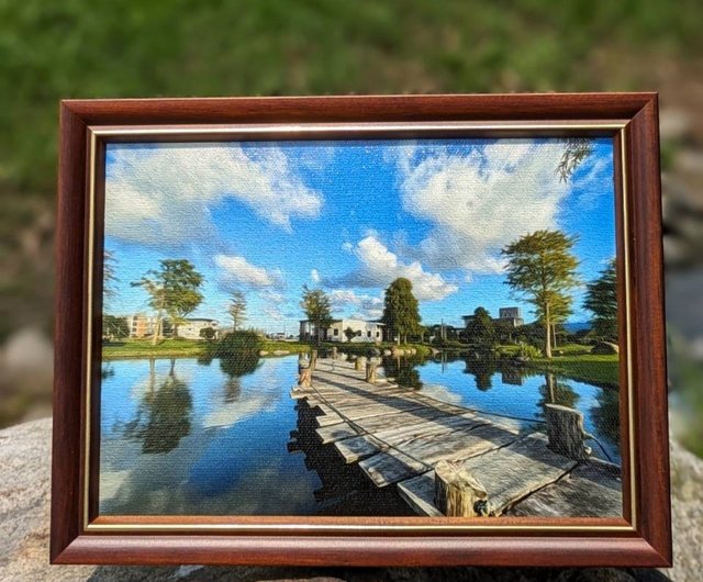青い空・白い雲・木の橋】風景油絵フォトフレーム/風景飾り額縁
