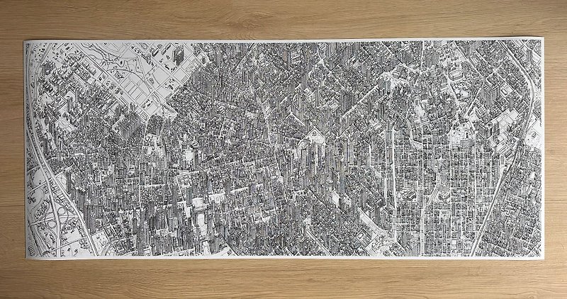 Taichung City Hand Drawn Limited Edition Map Print 111 x 48cm and 140 x 60cm - Wall Décor - Paper White