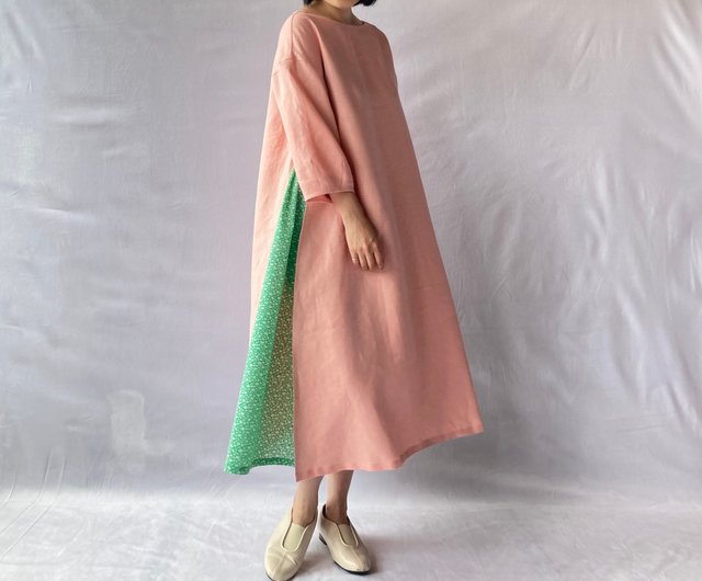 linen combination dress salmonpink/smallflower(american antique