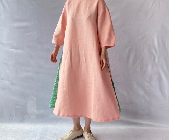 linen combination dress salmonpink/smallflower(american antique