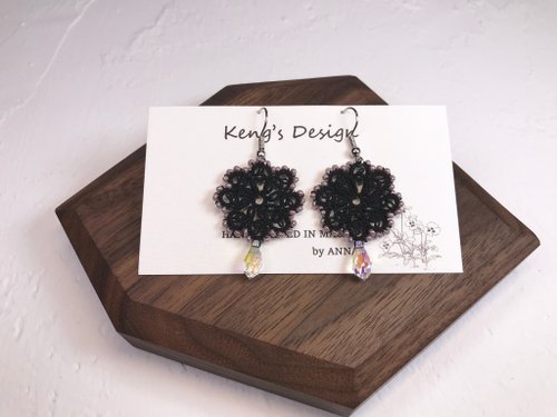 Keng's Design 手織蕾絲水晶耳環(黑色) /禮物 / Swarovski水晶 / tatting / 客