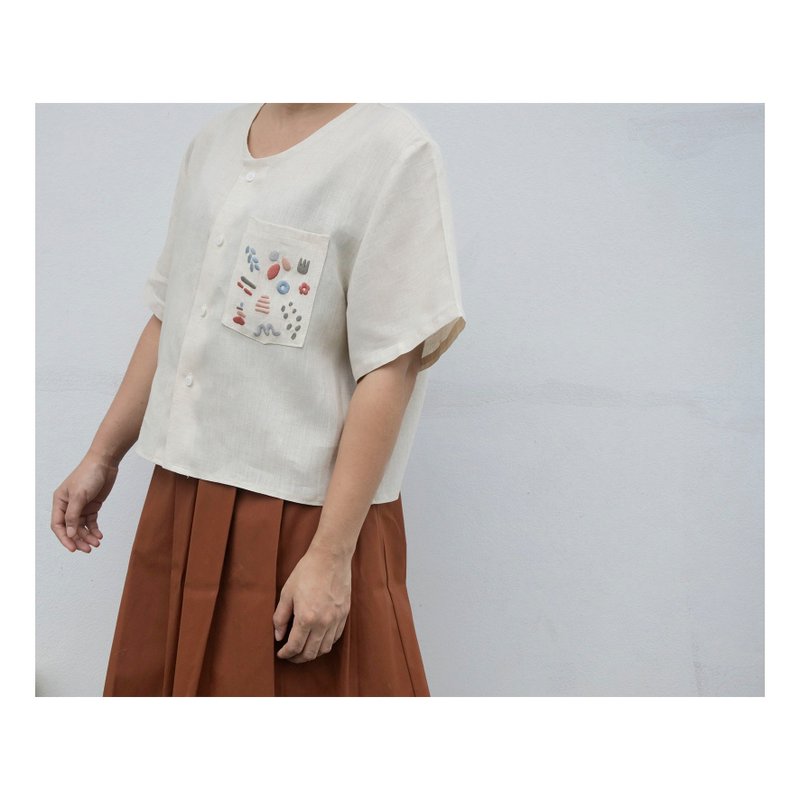 Embroidery | Linen | Round neck shirt, natural cream color - Women's Shirts - Cotton & Hemp Khaki