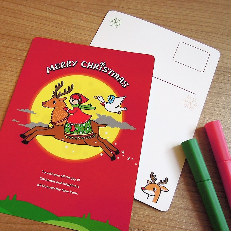 Y惑星_クリスマスポストカード：空飛ぶトナカイ - カード・はがき - 紙 レッド