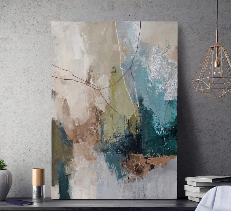 Blue Green Painting | Abstract Blue Green Canvas | Blue Green Wall Art | Fall 3 - 壁貼/牆壁裝飾 - 棉．麻 綠色