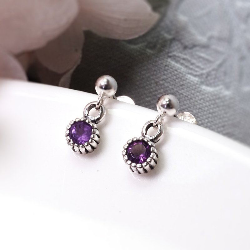 February birthstone amethyst sterling silver earrings Silver design natural stone birthday gift - ต่างหู - เงินแท้ สีม่วง