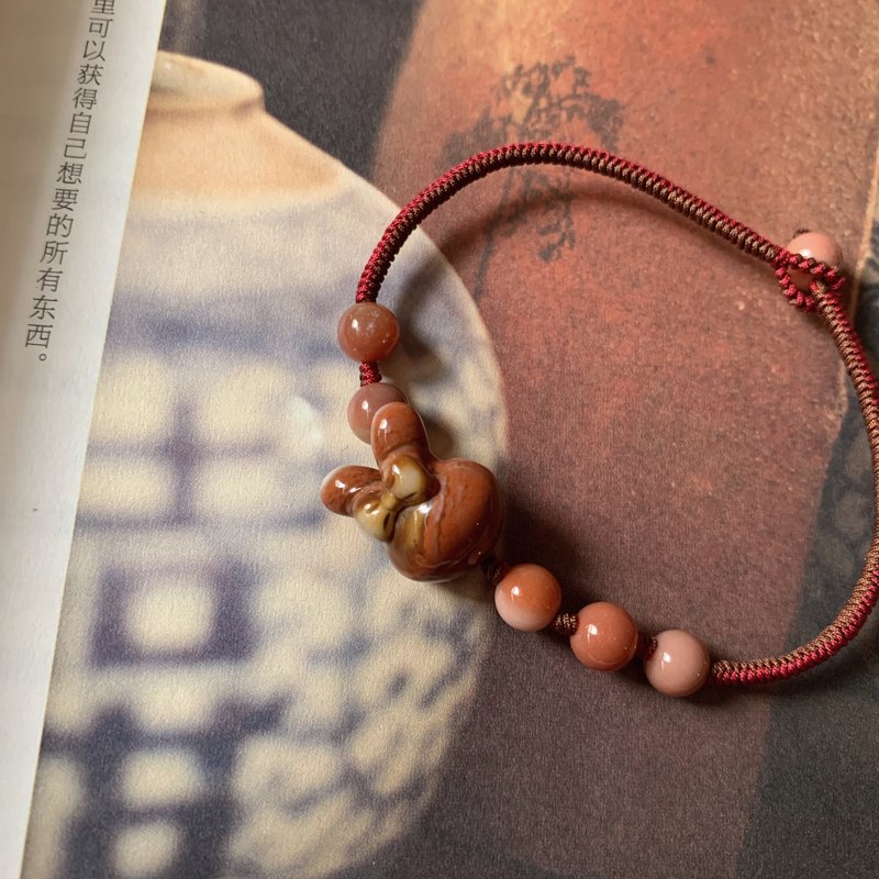手作 櫻桃與詩。天然阿拉善玉兔子 蝴蝶結復古編織手鏈 文藝手繩 - 手鍊/手環 - 玉石 紅色