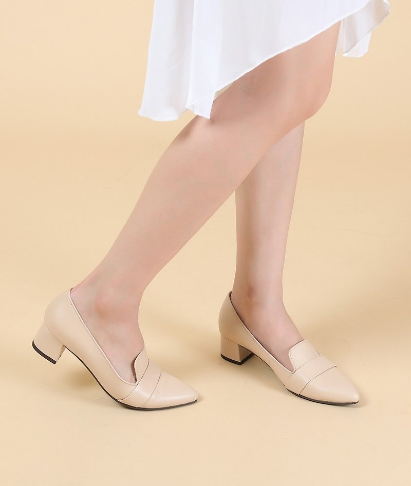 Clear product [Texture original taste] Retro thick heel loafers _ elegant nude skin - รองเท้าอ็อกฟอร์ดผู้หญิง - หนังแท้ ขาว