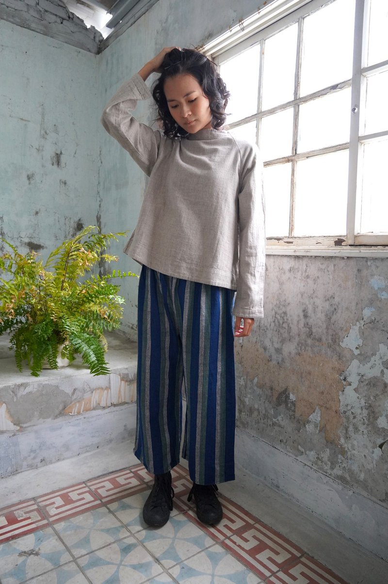 【樹坧】手撚手織。純棉藍染 / 經典八分寬褲 - 女長褲 - 棉．麻 藍色