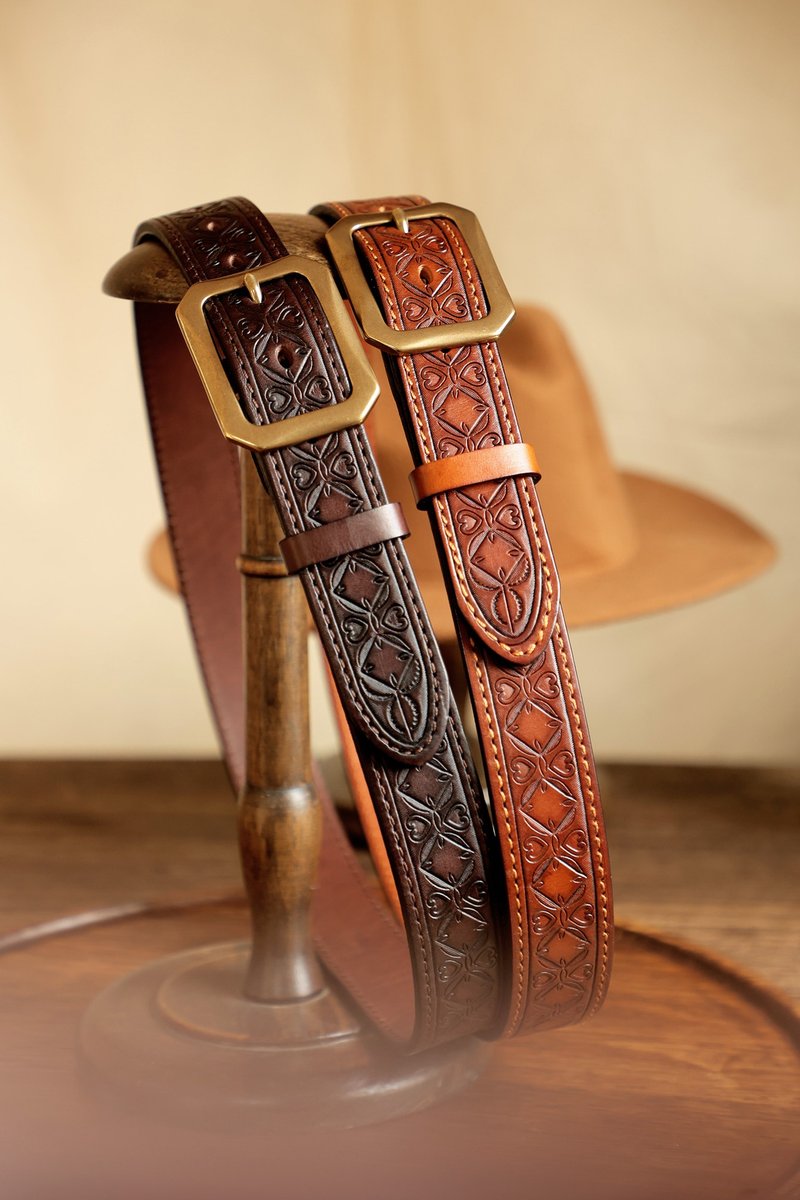 Italian top layer cowhide western cowboy carved belt - เข็มขัด - หนังแท้ หลากหลายสี