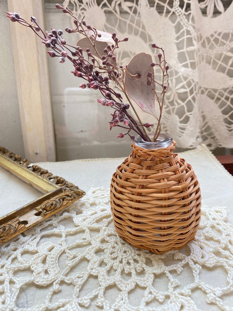【好日戀物】歐洲帶回手工藤編玻璃花瓶/花器/圓型 - 擺飾/家飾品 - 木頭 咖啡色
