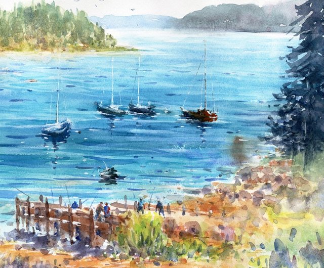 釣り人達水彩画 木製フレーム付き