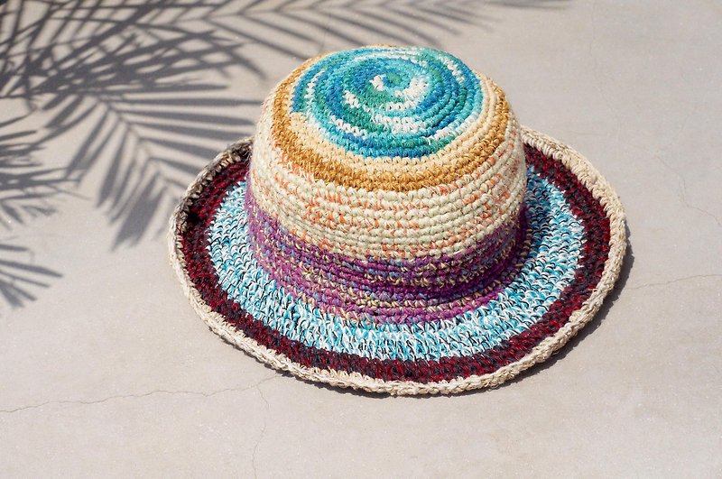A limited hand-woven cotton hat / knit hat / fisherman hat / sun hat / straw hat - magic blue purple ice cream colored stripes - Hats & Caps - Cotton & Hemp Multicolor